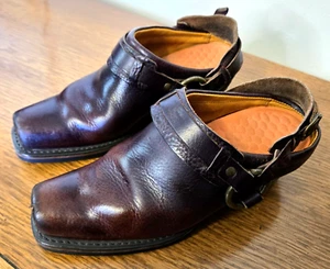 FRYE 70760 Heeled Mules Women's 8 Harness Brown Leather Western Shoe Booties USA - Picture 1 of 11