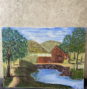 Farmhouse & Creek Landscape Original Vintage Oil Painting 12 x 16” Unframed - Picture 1 of 7
