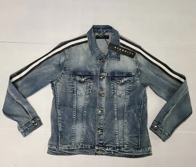 Eternity Men's Jean Jacket Sleeve Stripe Black & White Large Light Med Wash NWT  - Image 1 of 4