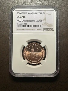 2000PMM AA Gibraltar 2 Pence NGC Sample Slab BU, NGC QR HOLOGRAM LAUNCH 2023 ANA - Picture 1 of 2