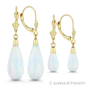 Pendientes colgantes largos con palanca trasera de ópalo blanco de 14 K creados en laboratorio - Imagen 1 de 3