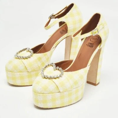 Malone Souliers Camille Heels Yellow White Platform Pumps EU 41 US 11 Plaid NIB - Image 1 of 4