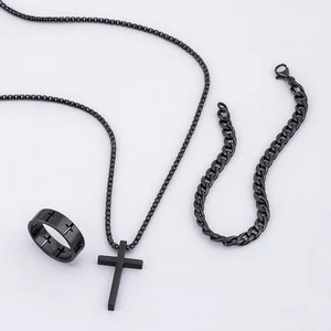 3 Piece Mens Chain Jewelry Set Ring Bracelet Cross Cuban Link Necklace - Picture 1 of 6