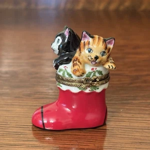 Limoges Peint Hauptkätzchen im Weihnachtsstrumpf Schmuckkästchen Made in France - Bild 1 von 5