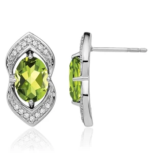 14K Solid White Gold Peridot Diamond Dangle Earrings - Picture 1 of 9