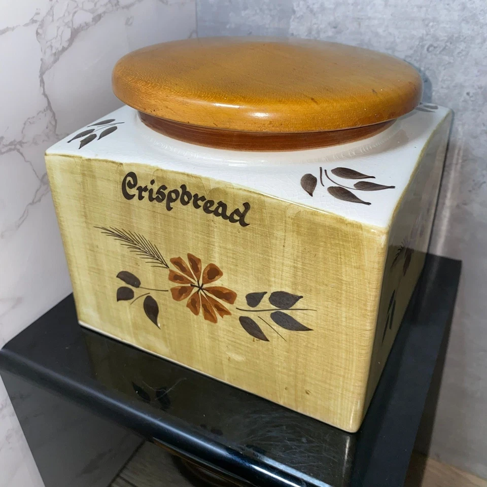 Vintage Denby Pottery Crispbread Storage Jar Stoneware Canister with Wooden Lid - Image 1 of 4