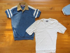 2 VINTAGE 70-80's Terry Cloth V Button Neck Shirt Boy S Womans S Elastic Band - Picture 1 of 16