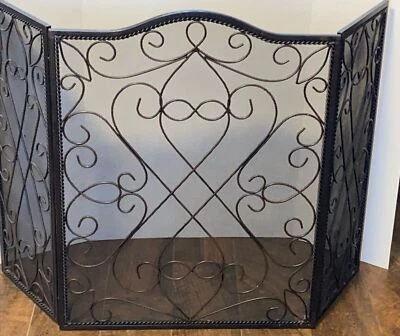 Vintage 3 Panel Iron Fireplace Mesh Screen And Metal Well made And Heavy Black - Image 1 of 4