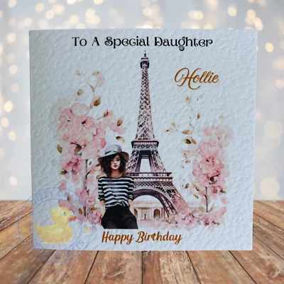 DIZZY DUCKS CARDS Personalised Female Paris Eiffel Tower Flowers Birthday Card Age Relation Name