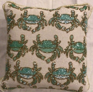 Coastal Collection w/ Beaded CRABS Piped Sides DecorativeThrow Pillow 12x12" NWT - Picture 1 of 6