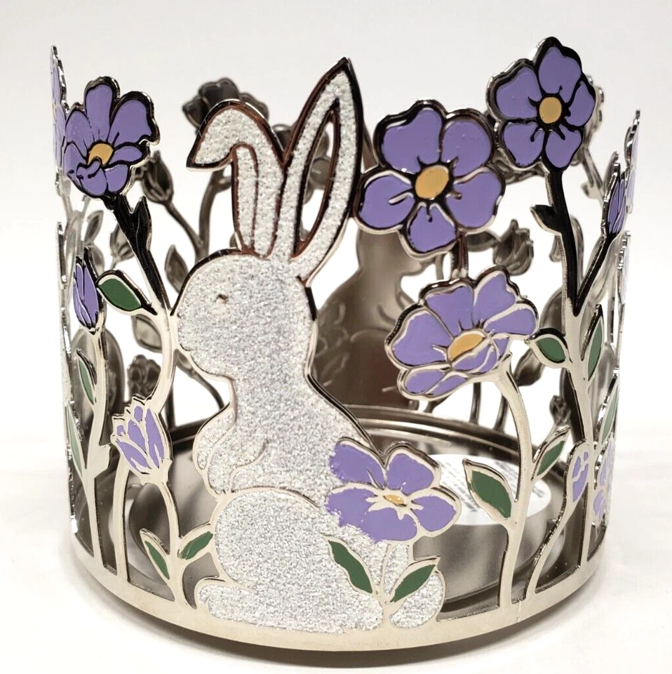 NEW! Bath & Body Works WHITE BUNNIES PURPLE FLOWERS 3-wick Candle Holder Sleeve - Image 1 of 4