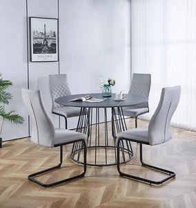Dining Table Set, Large Grey Round Table (120cm) with 4 High Back Fabric Chairs - Picture 1 of 8