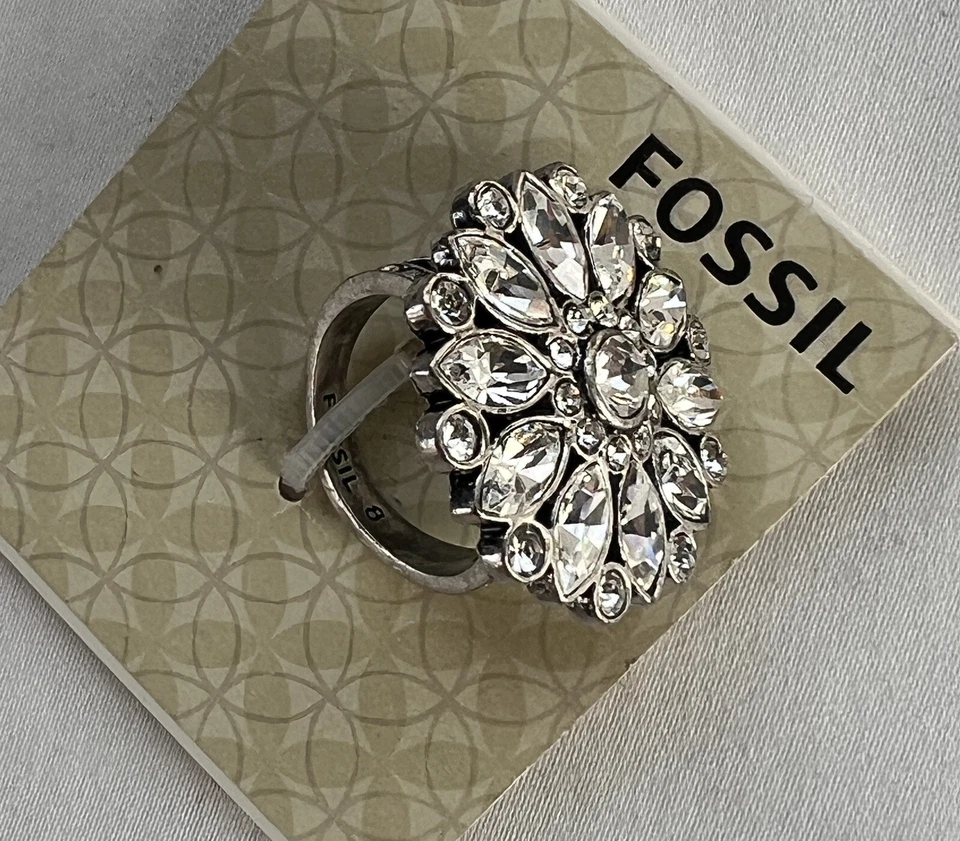 Anillo de cóctel fósil piedras de vidrio brillantes flor de margarita declaración tono plata talla 8 Foto 1 de 4