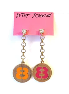 NWT Betsey Johnson Status Pink Orange Number 8 Retro Mod Drop Stud Earrings - Picture 1 of 6