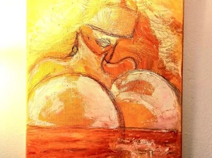 Original oil pencil "Beach girl" 20x16" Orange yellow 1/1 limited signed - Picture 1 of 18