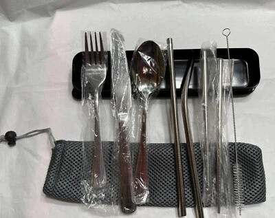 Juego de cubiertos portátiles utensilios de viaje plateados, pajita, palitos para picar nuevo Foto 1 de 2