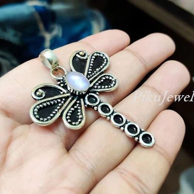 Ciondolo in pietra di luna arcobaleno Gioielli in argento sterling 925 con... - Immagine 1 di 4