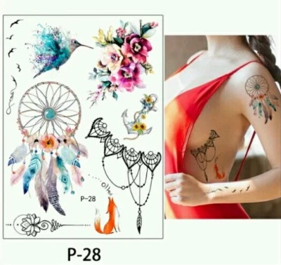 ROSIE'S TATTOO BOUTIQUE Dreamcatcher Temporary Tattoos 🇬🇧 Adult body Art Birds Flower 21x15 A5 Sheet💙