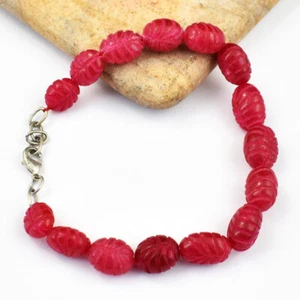 144.00 Cts Earth Mined 7" Long Ruby Oval Shape Carved Beads Bracelet JK 06E226 - Picture 1 of 2