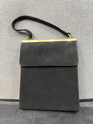 Vintage 50s Block Velvet Handbag Pocketbook Purse Small Black Top Handle Gold - Image 1 of 4
