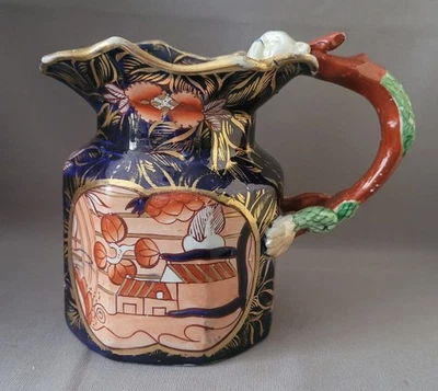 ANTIQUE LARGE MASON'S IRONSTONE SCHOOL HOUSE PATTERN SERPENT HANDLE JUG C1820-25 - Image 1 of 4