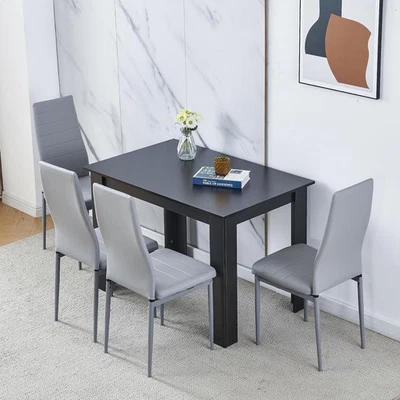 Walnut Black Dining Table Set 4 Faux Leather Chairs | 110x70cm Small Room - Image 1 of 4