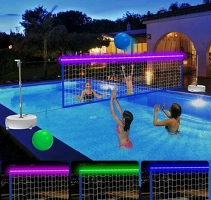 Solar Pool Volleyball Net Set with Lights, 2 Glow Balls, Pump and Weighted Bases - Picture 1 of 8