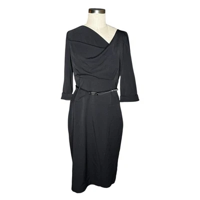 ЧЕРНЫЙ HALO 3/4 рукав Jackie O платье-футляр женский размер 14 новый с Ярлыками карьера LBD гламур - Изображение 1 из 4