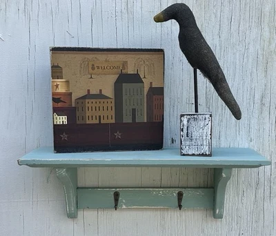 Wooden Cottage Shelf Blue Distressed Rustic With Hooks Wall Decor Shabby Chic - Image 1 of 4