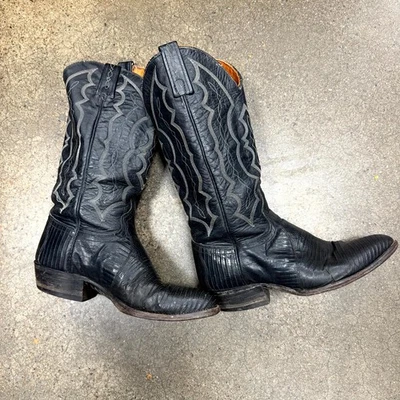 Vintage J.Chisholm Teju Lizard Mens Western Boot 7.5D Black Leather Cowboy Boots - Image 1 of 4