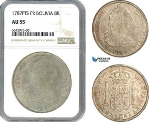 AJ684, Bolivia, Charles III, 8 Reales 1787 PTS PR, Potosi Mint, Silver, NGC AU55 - Picture 1 of 1