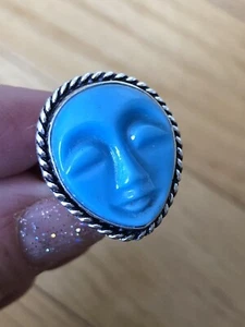 Carved Face Blue Agate Ring Size 8.5 - Picture 1 of 5