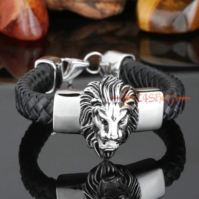 Heavy Silver Stainless Steel Lion Head Black Genuine Leather Men's Bracelet - Imagem 1 de 4