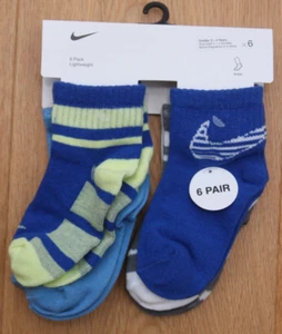 Nike Baby 6 Pair Lightweight Ankle Socks ~ Blue, Gray, White & Volt ~ 2-4 Years - Picture 1 of 4