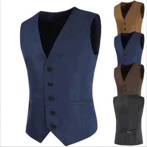 Men Suit Vest V-Neck Sleeveless Single-Breasted Suit Jacket Solid Color Pockets - Picture 1 of 28