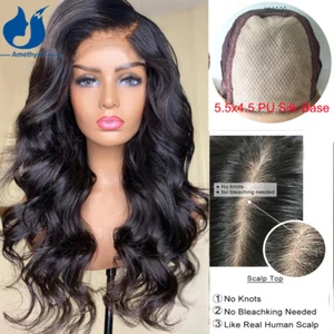 Natural Wavy Brazilian Human Hair 5.5X4.5 PU Silk Base Closure Wig Pre Plucked - Picture 1 of 10