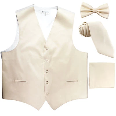 New Men's solid Tuxedo Vest Waistcoat & necktie & Bow tie & Hankie ivory wedding - Image 1 of 4