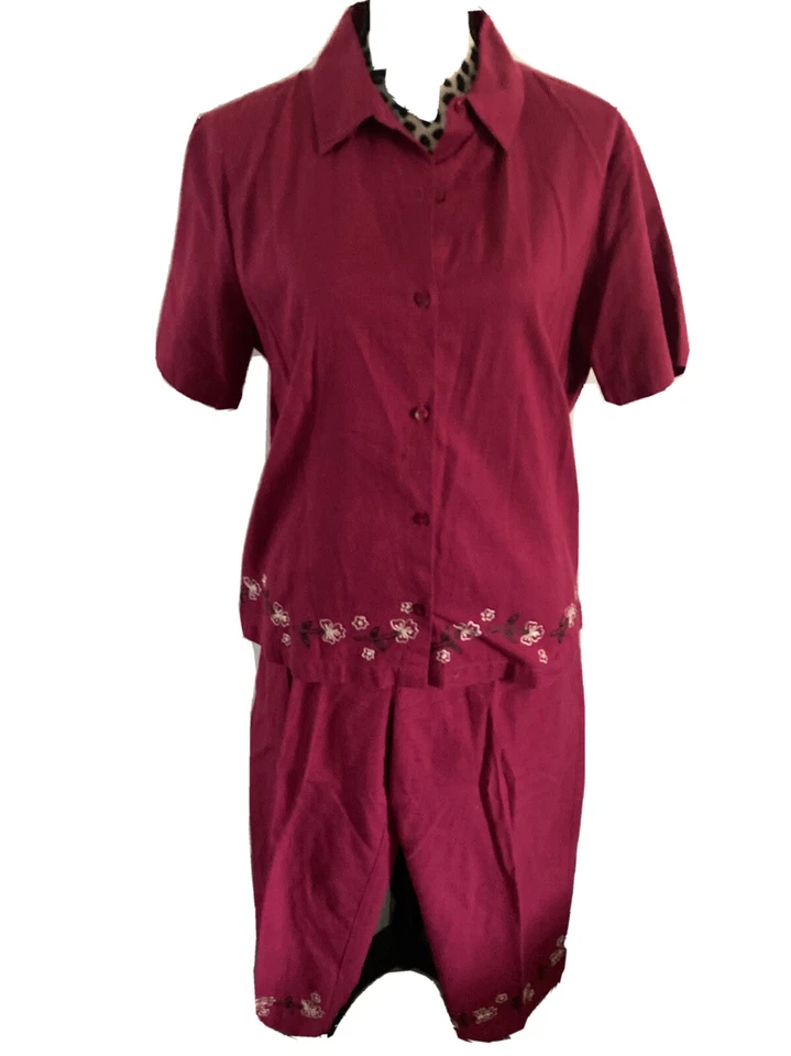 Jennifer Moore Conjunto 2 Piezas Blusa L Algodón LINO Granate Cordón Capri 46w Foto 1 de 4