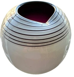 Modern Hand Blown Bulbous Vase White Cased/Amethyst Pinched Rim, Applied Swirls - Picture 1 of 9