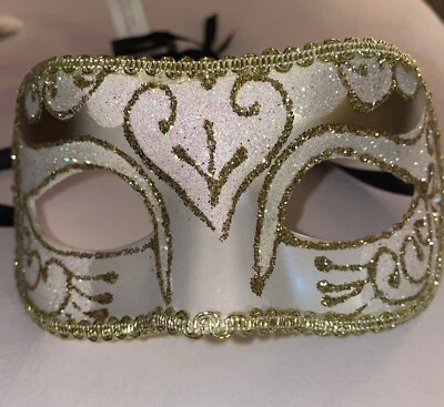 Costume Masqarae Mask White, Gold  Glittery With Ribbon Tie Adult Novelty - Image 1 of 4