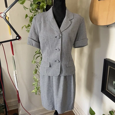 Vtg Donna Ricco Silk Blend Navy White Check Print Skirt Suit - Size 12 - Image 1 of 4