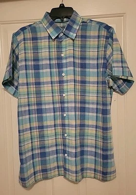 IZOD Men's Button Down Madras Linen Blend Short Sleeve Shirt Plaid Medium NWOT - Image 1 of 4
