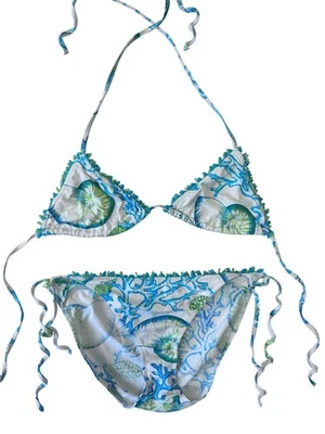 Biquíni Manuel Canovas Vintage Tecido Estampa Concha Coral Branco Azul Tamanho 3 (P/M) - Imagem 1 de 4