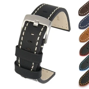 Genuine Calf Leather Watch Strap Contrast Stitching with Brushed Steel Buckle - Picture 1 of 10