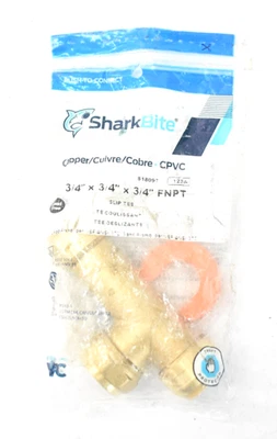 SharkBite Brass Slip Tee 3/4" x 3/4" x 3/4' FNPT Push To Connect Fitting Tool - Image 1 of 4
