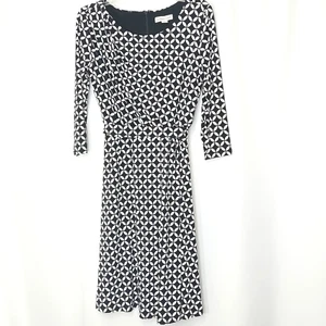 Coldwater Creek Faux Wrap Tie Dress Size 8 Black White Geometric 3/4 Sleeve - Picture 1 of 14