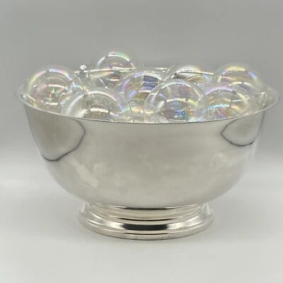 Christmas Ornament Centerpiece 10" Silverplate Bowl Oneida Iridescent Balls - Image 1 of 4