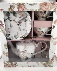 Set da tè Grace casetta rose e uccellini magnolia giardino 7 pezzi porcellana fine - Foto 1 di 15