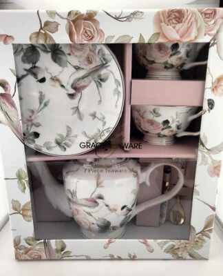 Grace Teaware Set Cottage Rose & Birds Magnolia Garden 7 Piece Fine Porcelain - Image 1 of 4