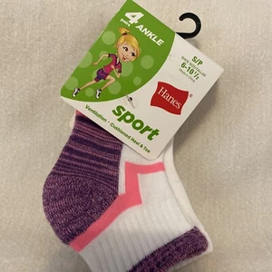 Hanes Ankle Sport Socks Girls/ 4 Pack Sz S 6-10.5 - Picture 1 of 19